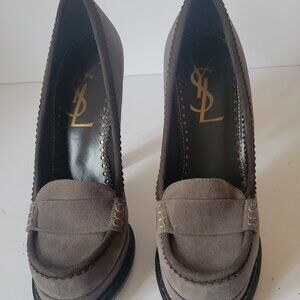 Yves Saint Laurent Gray Suede Round Toe High Heels Platform YSL Pumps